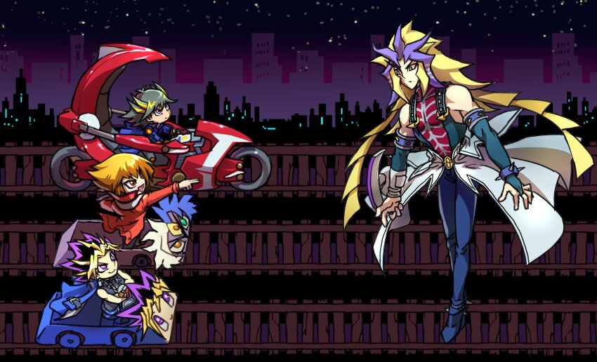 4boys black_hair black_tank_top blonde_hair blue_eyes blue_footwear blue_jacket blue_pants boss_fight bracelet brown_eyes brown_hair cape chain chain_necklace chibi city cityscape commentary crossed_arms d-wheel deltarune detached_sleeves determined driving duel_disk elbow_pads facial_mark floating fudo_yusei high_collar highres jacket jewelry knee_pads long_hair looking_at_another marking_on_cheek motor_vehicle motorcycle multicolored_hair multiple_boys muto_yugi necklace night night_sky open_mouth outdoors pants paradox_(yu-gi-oh!) pointing pointing_at_another purple_eyes purple_hair railroad_tracks red_jacket roller_coaster serious shirt short_hair shoulder_pads sky skyline sleeveless sleeveless_shirt smile spiked_bracelet spiked_footwear spiked_hair spikes standing streaked_hair studded_armlet tank_top waist_cape wheel white_cape yami_yugi youko-shima yu-gi-oh! yu-gi-oh!_3d_bonds_beyond_time yu-gi-oh!_5d&#039;s yu-gi-oh!_duel_monsters yu-gi-oh!_gx yubel yuki_judai