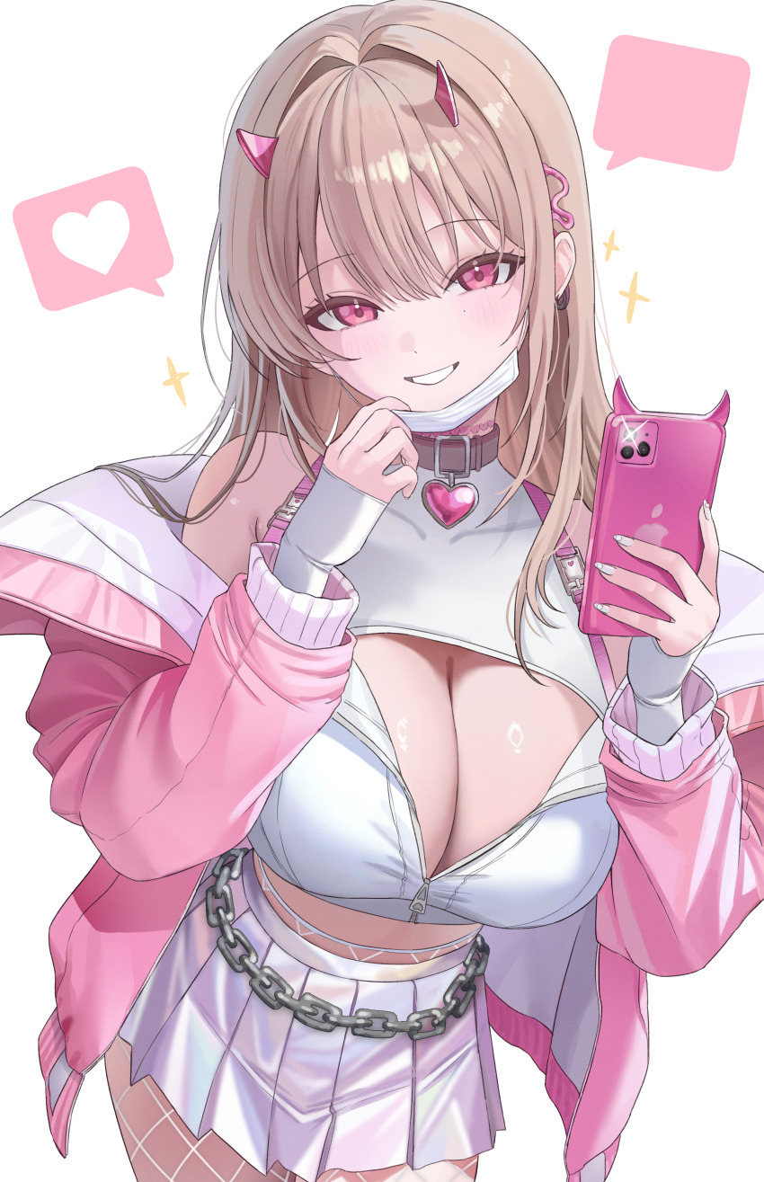 1girl absurdres bare_shoulders blonde_hair blush breasts brown_hair cleavage collar commission crop_top fishnet_pantyhose fishnets goddess_of_victory:_nikke hair_ornament heart_pendant highres holding horns iridescent jacket large_breasts long_hair looking_at_viewer mask_pull midriff mole mole_under_eye open_clothes open_jacket open_mouth pantyhose phone pink_eyes pink_horns pink_jacket pleated_skirt red_eyes shiny_skirt skirt smile solo thighs viper_(nikke) white_mask yamu_(yamu_030)