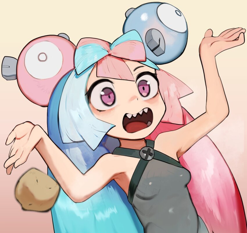 1girl bare_arms bare_shoulders blue_hair bow-shaped_hair breasts character_hair_ornament creatures_(company) game_freak gradient_background hair_ornament halterneck hands_up impossible_clothes iono_(pokemon) long_hair multicolored_hair nintendo open_mouth pink_eyes pink_hair pokemon pokemon_sv potato raichiyo sharp_teeth small_breasts solo split-color_hair teeth two-tone_hair x