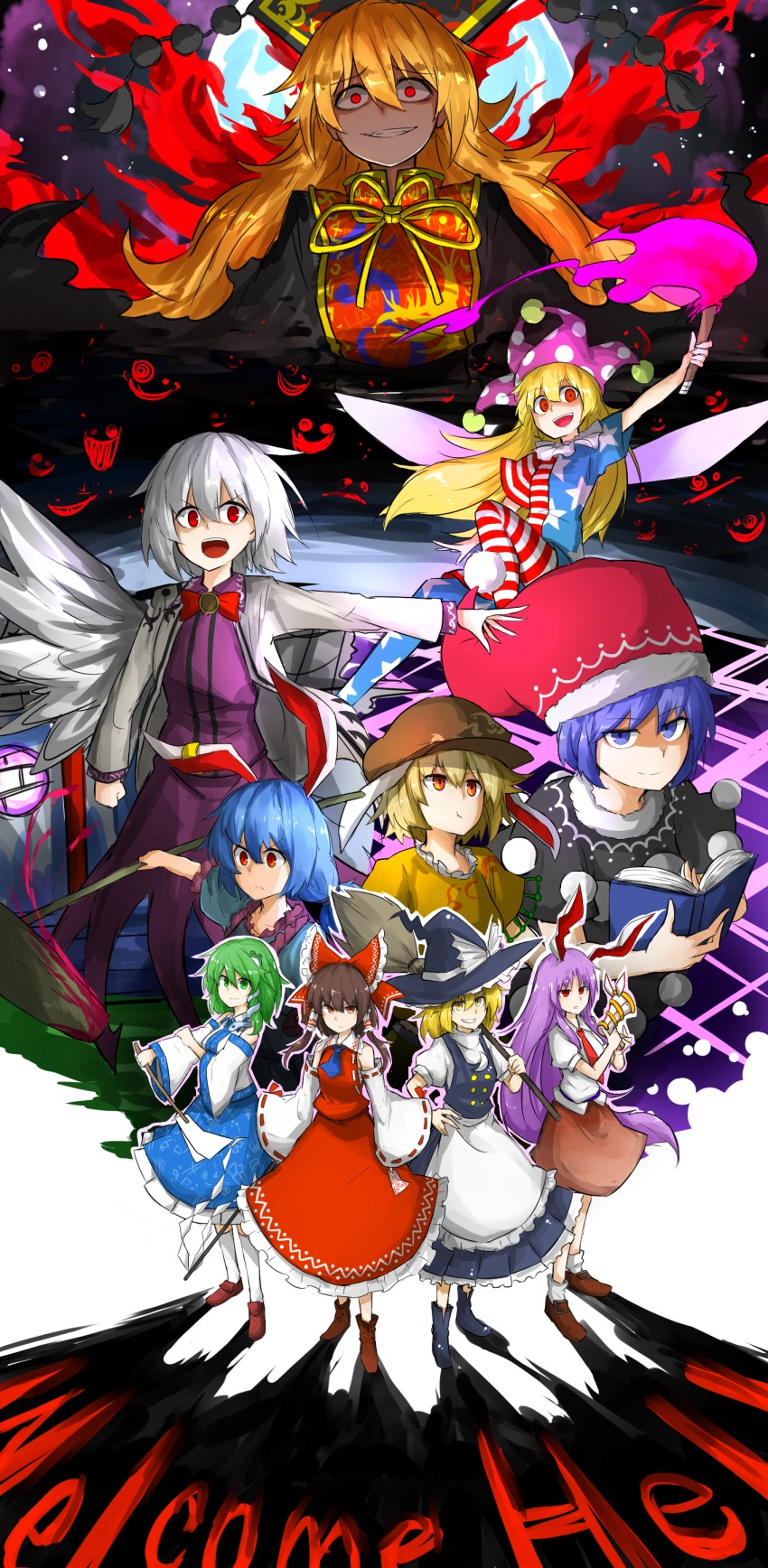 6+girls :t absurdres american_flag_dress american_flag_legwear animal_ears apron ascot bad_id bad_pixiv_id black_dress black_footwear blonde_hair blue_eyes blue_hair blue_skirt book boots bow breasts broom brown_eyes brown_footwear brown_hair chinese_clothes clownpiece crazy_eyes crazy_smile detached_sleeves doremy_sweet dress earclip english_text evil_smile fairy_wings fire floppy_ears frog_hair_ornament gohei green_eyes green_hair gun hair_bow hair_ornament hair_tubes hakurei_reimu hat hat_bow highres jester_cap junko_(touhou) kankan33333 kine kirisame_marisa kishin_sagume kochiya_sanae legacy_of_lunatic_kingdom long_hair looking_at_viewer lunatic_gun mallet medium_breasts multiple_girls neck_ruff necktie nightcap oonusa outstretched_arm pantyhose pom_pom_(clothes) pout purple_hair rabbit_ears red_bow red_eyes red_necktie red_skirt reisen_udongein_inaba ribbon ribbon-trimmed_sleeves ribbon_trim ringo_(touhou) seiran_(touhou) shaded_face shadow shide shoes silver_hair single_wing skirt skirt_set slit_pupils smile socks standing star_(symbol) striped tabard torch touhou very_long_hair vest weapon white_bow white_legwear wings witch yellow_eyes yellow_ribbon