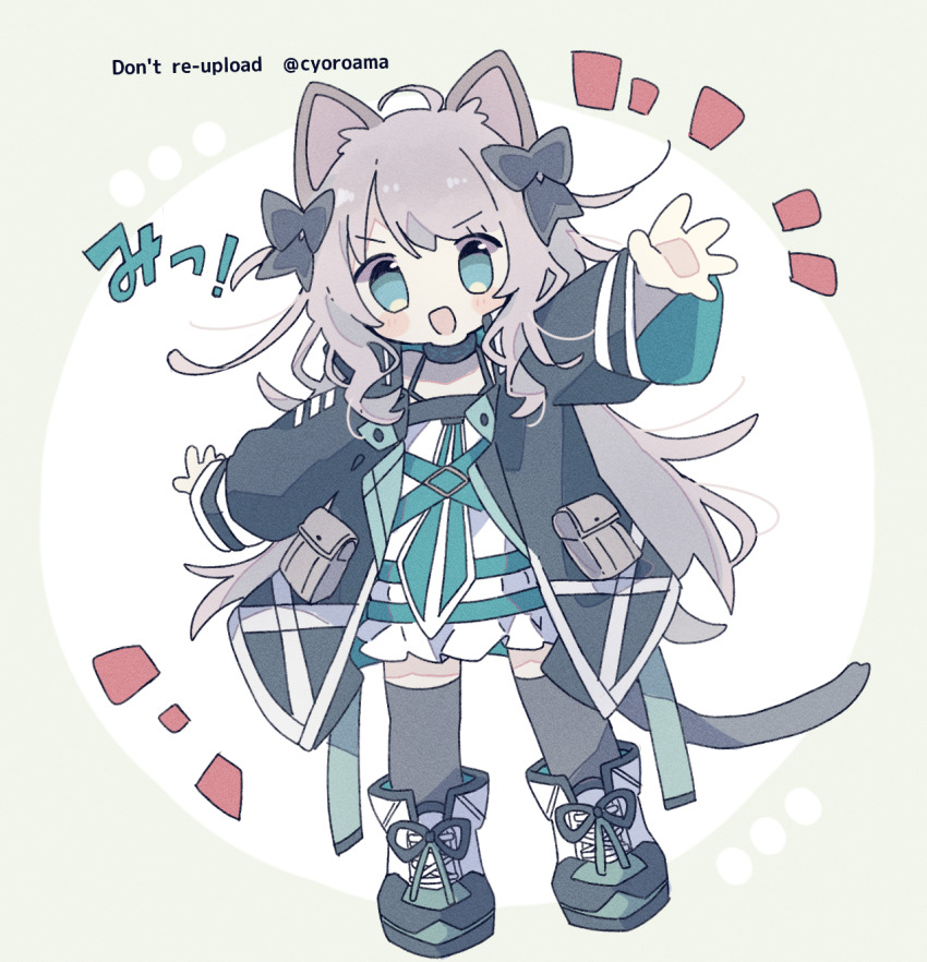 1girl :d animal_ears arknights black_jacket black_thighhighs blue_eyes blush cat_ears cat_girl cat_tail commentary_request dress full_body grey_hair highres jacket long_hair long_sleeves looking_at_viewer mint_(arknights) naguru_(cyoroama) notice_lines open_mouth smile solo standing tail thighhighs white_dress