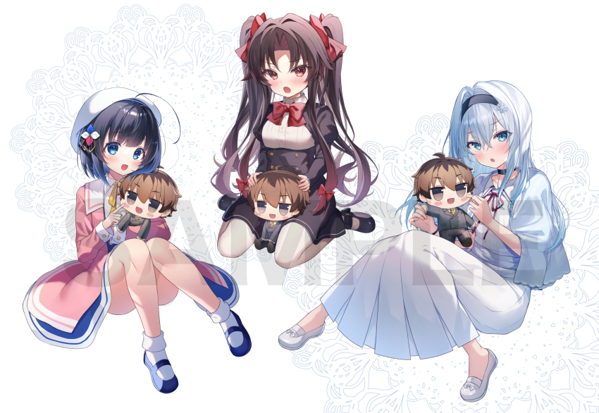3girls :d :o beret black_footwear black_hair black_hairband black_jacket black_skirt blue_dress blue_eyes blue_footwear blue_hair blush bow breasts brown_eyes brown_hair capelet character_doll commentary_request cropped_jacket dress grey_capelet grey_hair gyozanuko hair_between_eyes hair_bow hair_ornament hairband hat high-waist_skirt highres hinatsuru_ai jacket juliet_sleeves knees_up kuzuryuu_yaichi long_hair long_sleeves multiple_girls open_mouth pantyhose parted_bangs pink_jacket pleated_dress puffy_sleeves red_bow red_eyes ryuuou_no_oshigoto! sample_watermark school_uniform shirt shoes sitting skirt small_breasts smile snowflake_hair_ornament sora_ginko twintails very_long_hair wariza watermark white_background white_dress white_footwear white_headwear white_pantyhose white_shirt yashajin_ai