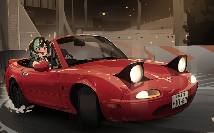 1girl black_hair blush brown_eyes car convertible driving eunos_roadster green_hair highres hololive hololive_dev_is license_plate making-of_available mazda mazda_mx-5 mazda_mx-5_na motor_vehicle multicolored_hair open_mouth pop-up_headlights red_car rindo_chihaya sparkle sports_car streaked_hair uingssi vehicle_focus virtual_youtuber
