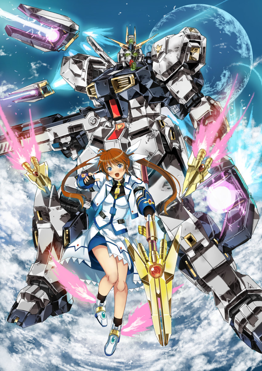 1girl absurdres bad_id bad_pixiv_id black_gloves blue_eyes blue_skirt breasts brown_hair char&#039;s_counterattack crossover fin_funnels fingerless_gloves firing floating floating_hair funnels_(gundam) garimpeiro gloves glowing glowing_eyes green_eyes gun gundam hair_behind_ear highres holding holding_gun holding_lance holding_polearm holding_weapon jacket lance long_hair looking_up lyrical_nanoha magical_girl mahou_shoujo_lyrical_nanoha mecha mobile_suit name_connection nu_gundam open_hand polearm raising_heart raising_heart_(blaster_bit) raising_heart_(exceed_mode) robot science_fiction skirt small_breasts takamachi_nanoha takamachi_nanoha_(exceed_mode) trait_connection twintails v-fin weapon white_jacket white_skirt