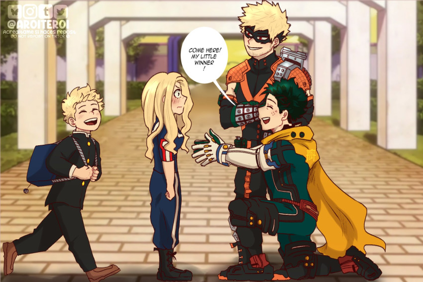2boys aroitero bakudeku bakugou_katsuki boku_no_hero_academia bones_(company) celebration child curly_hair freckles green_hair highres long_hair messy_hair midoriya_izuku multiple_boys omegaverse shounen_jump size_difference smile spiked_hair yaoi