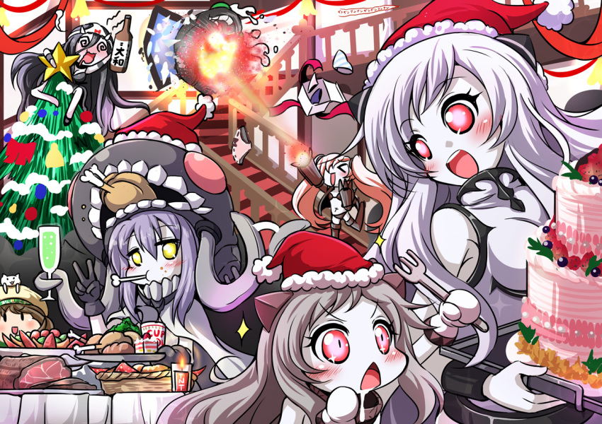 &gt;_&lt; 10s 6+girls :d @_@ abyssal_ship airfield_princess animal animal_on_head bad_id bad_pixiv_id batsubyou battleship_princess beret bird black_gloves bone bottle bow bow_panties bra breaking cake cape cat cat_on_head chicken christmas christmas_tree closed_eyes colored_skin d.a drooling eating error_musume explosive firing food fork fruit glasses gloves grey_hair hat headgear i-class_destroyer kantai_collection meat midriff mittens multiple_girls navel northern_ocean_princess object_on_head on_head open_mouth pale_skin panties panties_on_head red_eyes sake_bottle santa_hat sleeveless smile soda southern_ocean_oni sparkle stairs tentacles tnt triangle_mouth twintails underwear v white_hair white_panties white_skin wo-class_aircraft_carrier yellow_eyes
