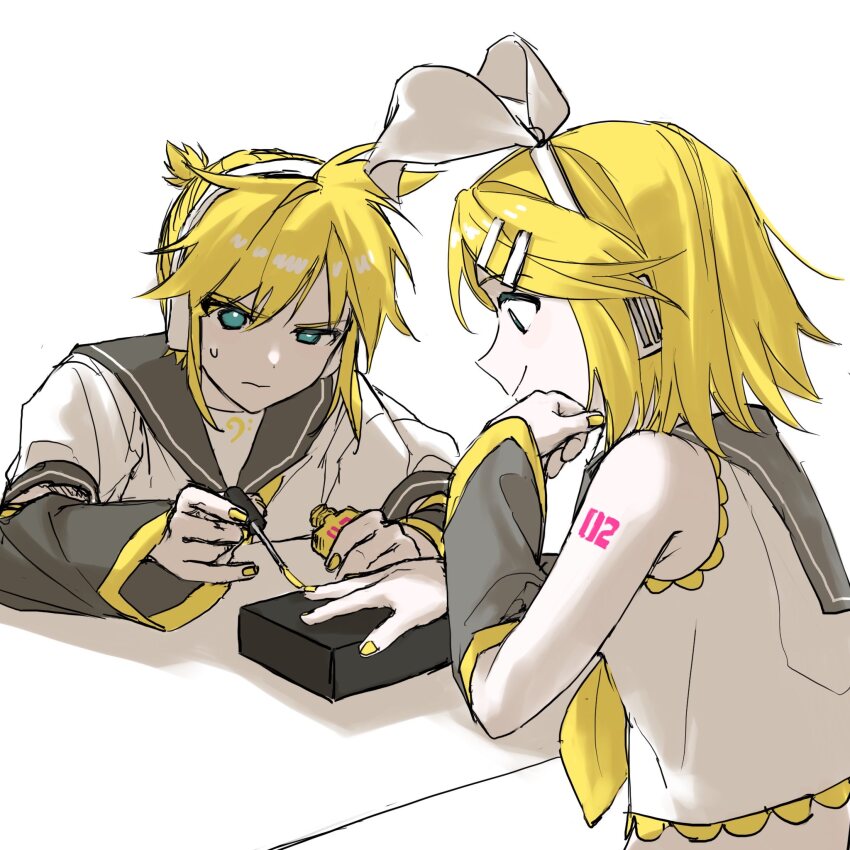 1boy 1girl applying_manicure blonde_hair blue_eyes bow_hairband commentary cosmetics detached_sleeves elbow_rest hair_ornament hairband hairclip hand_on_own_cheek hand_on_own_face headphones highres kagamine_len kagamine_rin kanononoring long_sleeves medium_hair nail_polish nail_polish_bottle nail_polish_brush neckerchief painting_nails ponytail sailor_collar shirt short_ponytail sleeveless sleeveless_shirt smile sweat symbol-only_commentary vocaloid