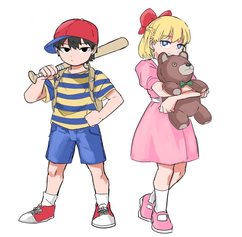 1boy 1girl baseball_bat baseball_cap blonde_hair blue_eyes blue_shirt blue_shorts bored bow braid clenched_hands collarbone commentary crossed_legs crown_braid dress dress_shoes full_body hair_between_eyes hand_on_own_hip hat holding holding_baseball_bat holding_stuffed_toy hugging_object jitome juliet_sleeves light_smile long_sleeves looking_at_viewer mother_(series) mother_2 nasu_(ilo_a5) ness_(mother_2) nintendo paula_(mother_2) pink_dress pink_footwear puffy_sleeves red_footwear red_hat shirt shoes short_hair short_sleeves shorts simple_background sneakers socks standing striped_clothes stuffed_animal stuffed_toy tareme two-tone_shirt white_background yellow_shirt