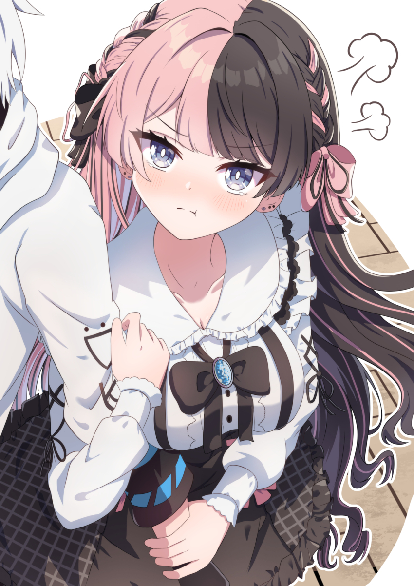 1boy 1girl :t arm_hug black_bow black_hair black_skirt blue_eyes blush bow braid breasts cleavage closed_mouth collarbone collared_shirt commentary_request ear_piercing frilled_shirt_collar frilled_skirt frills hair_bow highres indie_virtual_youtuber kamito_(vtuber) long_hair medium_breasts multicolored_hair piercing pink_bow pink_hair pout shirt skirt streaked_hair synn032 tachibana_hinano_(1st_costume) tachibana_hinano two-tone_hair very_long_hair virtual_youtuber vspo! weapon white_shirt