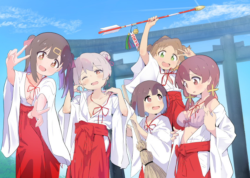 +_+ 5girls :d ;d absurdres alternate_costume arm_up arrow_(projectile) bamboo_broom bell black_hair blue_hair blue_sky blunt_bangs blunt_ends bow bow_bra bra breasts broom brown_eyes cleavage cloud collarbone colored_inner_hair commentary_request day double_bun double_v fang flat_chest glint green_eyes grey_hair hair_bun hair_intakes hair_ornament hair_ribbon hairclip hakama hakama_skirt hamaya highres hip_vent hozuki_momiji japanese_clothes jingle_bell kimono large_breasts long_hair long_sleeves looking_at_another looking_at_viewer low_twintails medium_breasts miko multicolored_hair multiple_girls murairamuraiari murosaki_miyo neck_ribbon no_bra off_shoulder ofuda oka_asahi one_eye_closed onii-chan_wa_oshimai! open_clothes open_kimono open_mouth orange_hair outdoors oyama_mahiro oyama_mihari pink_bra purple_hair red_hakama red_ribbon ribbon short_hair skirt sky smile torii twintails two_side_up underwear v white_kimono wide_sleeves