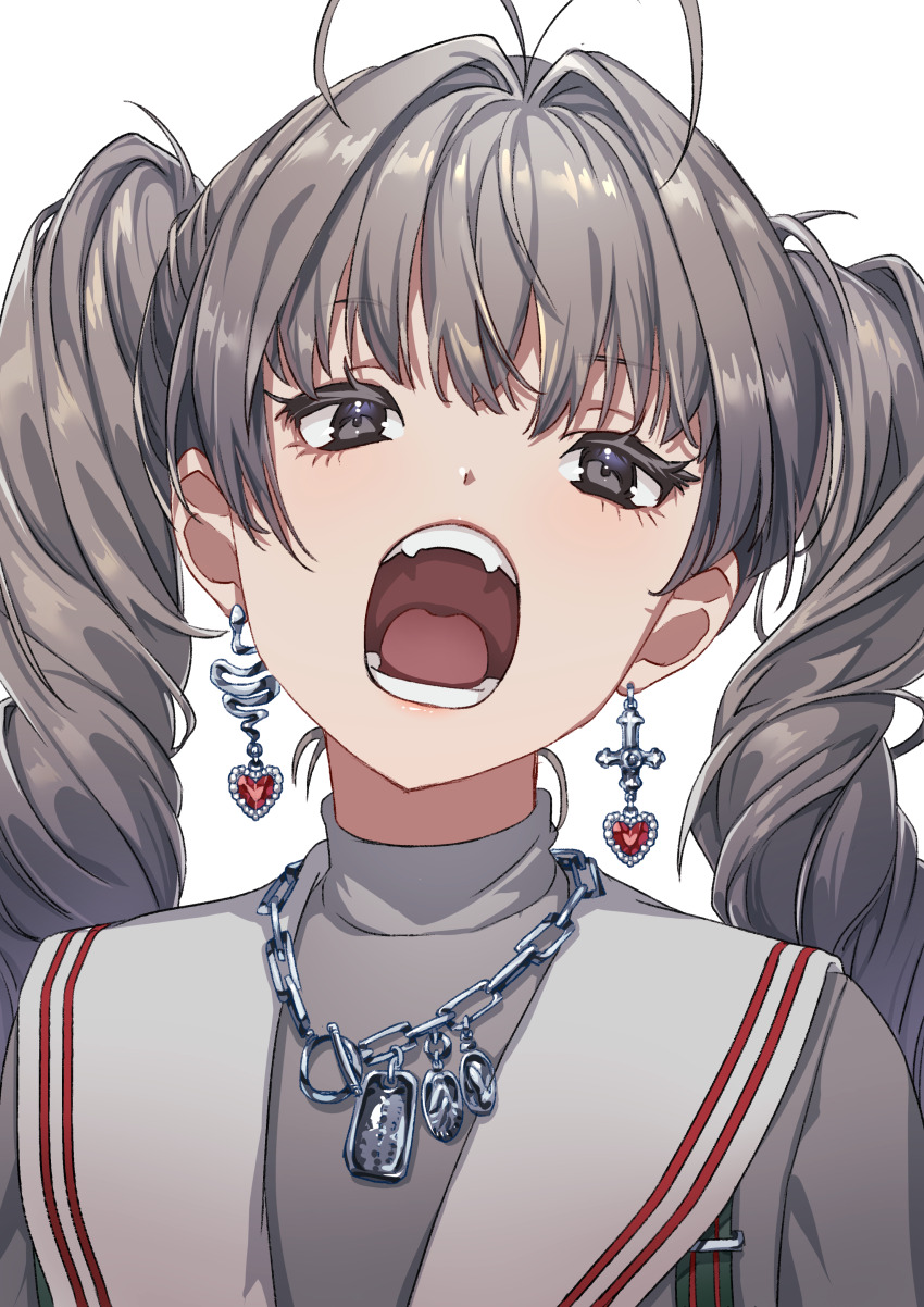 1girl absurdres antenna_hair brown_eyes brown_hair chain chain_necklace commentary earrings fangs furon_(froon) grey_shirt heart heart_earrings highres jewelry necklace open_mouth original sailor_collar shirt simple_background twintails upper_body white_background