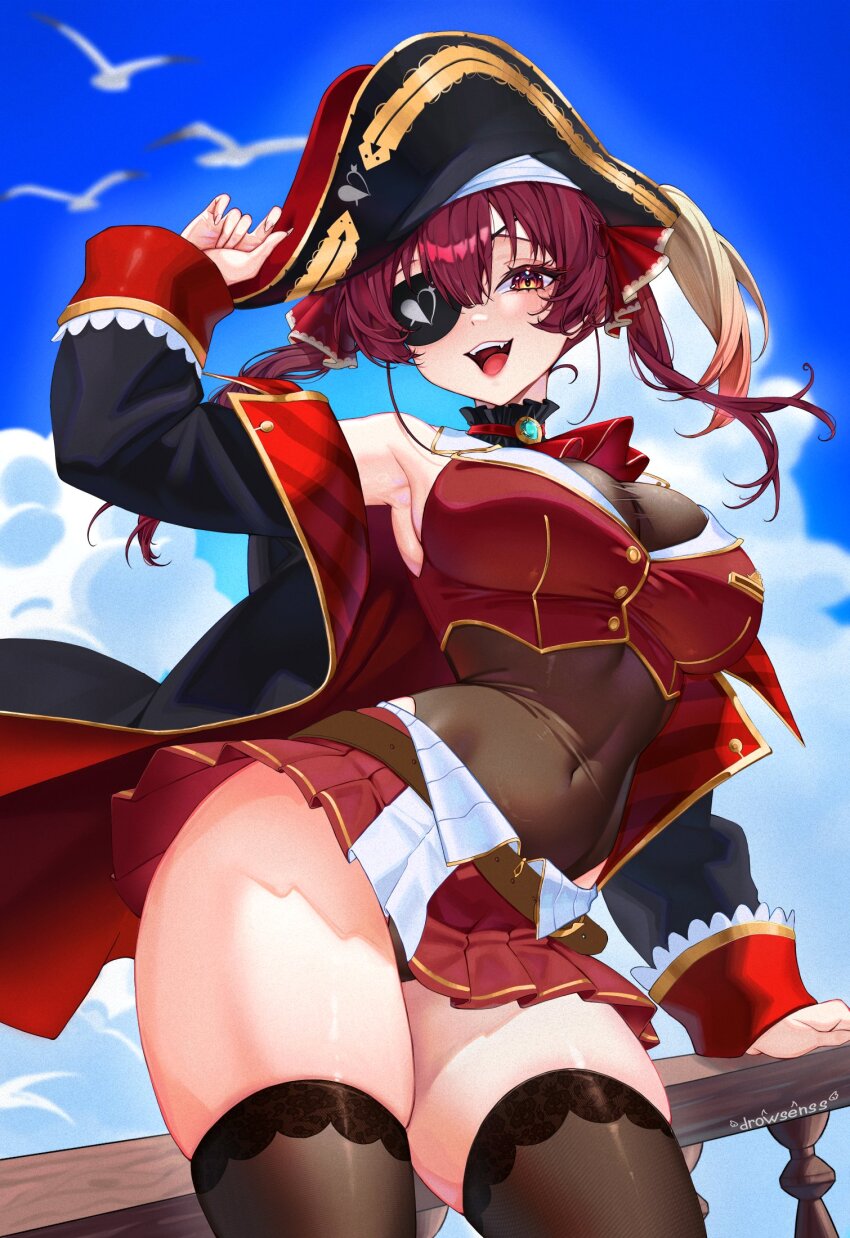 1girl :d armpits arrow_through_heart artist_name ascot bicorne black_coat black_thighhighs breasts brown_eyes cleavage clip_studio_paint_(medium) coat commentary corrupted_twitter_file covered_navel day drowsenss english_commentary eyepatch hat highres hololive houshou_marine houshou_marine_(1st_costume) jacket large_breasts leotard leotard_under_clothes looking_at_viewer making-of_available microskirt open_mouth outdoors pirate_hat purple_hair red_ascot red_jacket red_skirt see-through_cleavage see-through_clothes see-through_leotard skirt sleeveless sleeveless_jacket smile solo teeth thighhighs twintails virtual_youtuber