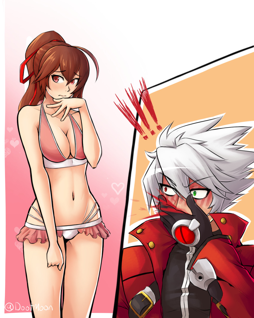 1boy 1girl ahoge antenna_hair blazblue blood blush breasts celica_a._mercury dootmoon embarrassed hair_ribbon highres looking_away nosebleed ragna_the_bloodedge red_eyes revision ribbon shy swimsuit twitter_username white_hair