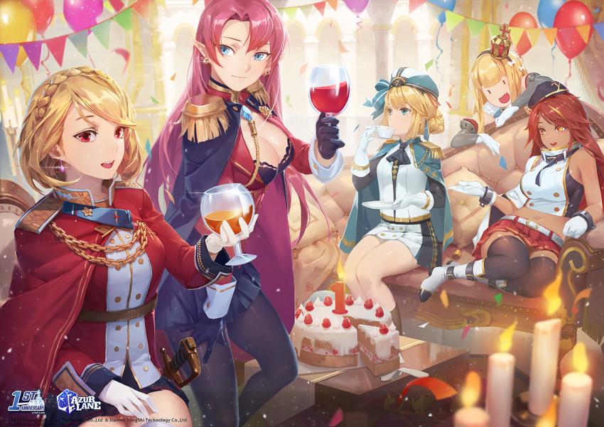 5girls alcohol azur_lane balloon baraba_baba bare_shoulders belt beret black_bra black_cape black_gloves black_hairband black_headwear black_legwear black_skirt blonde_hair blue_cape blue_eyes bra braid breasts cake cake_slice candle cape chain chair cleavage confetti copyright_name crown crown_braid cup cupping_glass dark-skinned_female dark_skin drinking_glass duke_of_york_(azur_lane) earrings epaulettes fire food french_braid full_body gem gloves hair_between_eyes hair_over_one_eye hairband hardy_(azur_lane) hat high_heels holding indoors jacket jamaica_(azur_lane) jewelry long_hair long_sleeves looking_at_viewer looking_to_the_side medium_breasts medium_hair mini_crown multicolored_cape multicolored_hair multicolored_skirt multiple_girls pantyhose pillow pink_hair pleated_skirt pointy_ears prince_of_wales_(azur_lane) purple_gemstone queen_elizabeth_(azur_lane) red_cape red_eyes red_hair red_jacket red_skirt saber_(weapon) sitting skirt sleeveless smile socks standing stomach straight_hair streaked_hair striped_clothes striped_hairband sword teacup thighhighs underwear uniform weapon white_belt white_footwear white_gloves white_legwear wine wine_glass yellow_eyes yokozuwari zettai_ryouiki