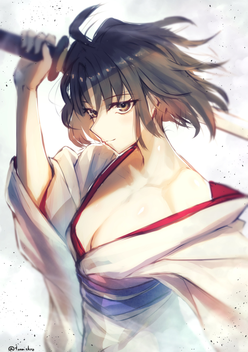 absurdres bird blue_kimono chrysanthemum_print crane_(animal) floral_print guimpe haagen-dazs highres jacket japanese_clothes kara_no_kyoukai kara_no_kyoukai/the_garden_of_order kimono knife mystic_eyes_of_death_perception obi obiage obidome red-crowned_crane red_jacket reien_girl&#039;s_academy_school_uniform ryougi_shiki sash school_uniform toomishou type-moon type-moon_heroines