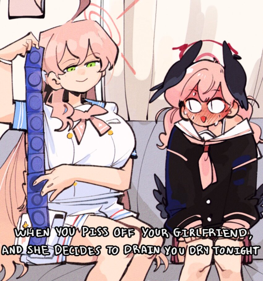 &lt;|&gt;_&lt;|&gt; 2girls ahoge black_shirt black_wings blue_archive blush closed_mouth condom condom_packet_strip condom_wrapper couch english_text green_eyes halo hanako_(blue_archive) head_wings highres holding holding_condom kinzaibatsu91 koharu_(blue_archive) long_hair looking_at_another multiple_girls neckerchief on_couch open_mouth pink_hair pink_halo pink_neckerchief red_halo shirt short_sleeves sitting skirt sleeves_past_wrists smile twintails white_shirt white_skirt wings