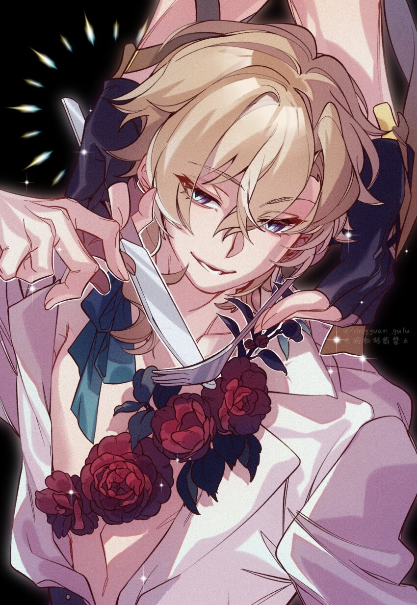 2boys arm_ribbon artist_name aventurine_(honkai:_star_rail) black_background black_gloves blonde_hair blue_bow blue_eyes bow caelus_(honkai:_star_rail) collarbone collared_shirt crossed_bangs diamond-shaped_pupils diamond_(shape) earrings fingerless_gloves fingernails flower fork gloves hair_between_eyes half-closed_eyes hand_up highres holding holding_fork holding_knife honkai:_star_rail honkai_(series) jewelry knife leaf long_sleeves looking_at_viewer male_focus multicolored_eyes multiple_boys neck_tattoo open_clothes open_mouth open_shirt purple_eyes red_flower ribbon rongyuan_gulu shirt short_hair simple_background single_earring smile solo_focus sparkle symbol-shaped_pupils tattoo teeth trailblazer_(honkai:_star_rail) upper_body yaoi