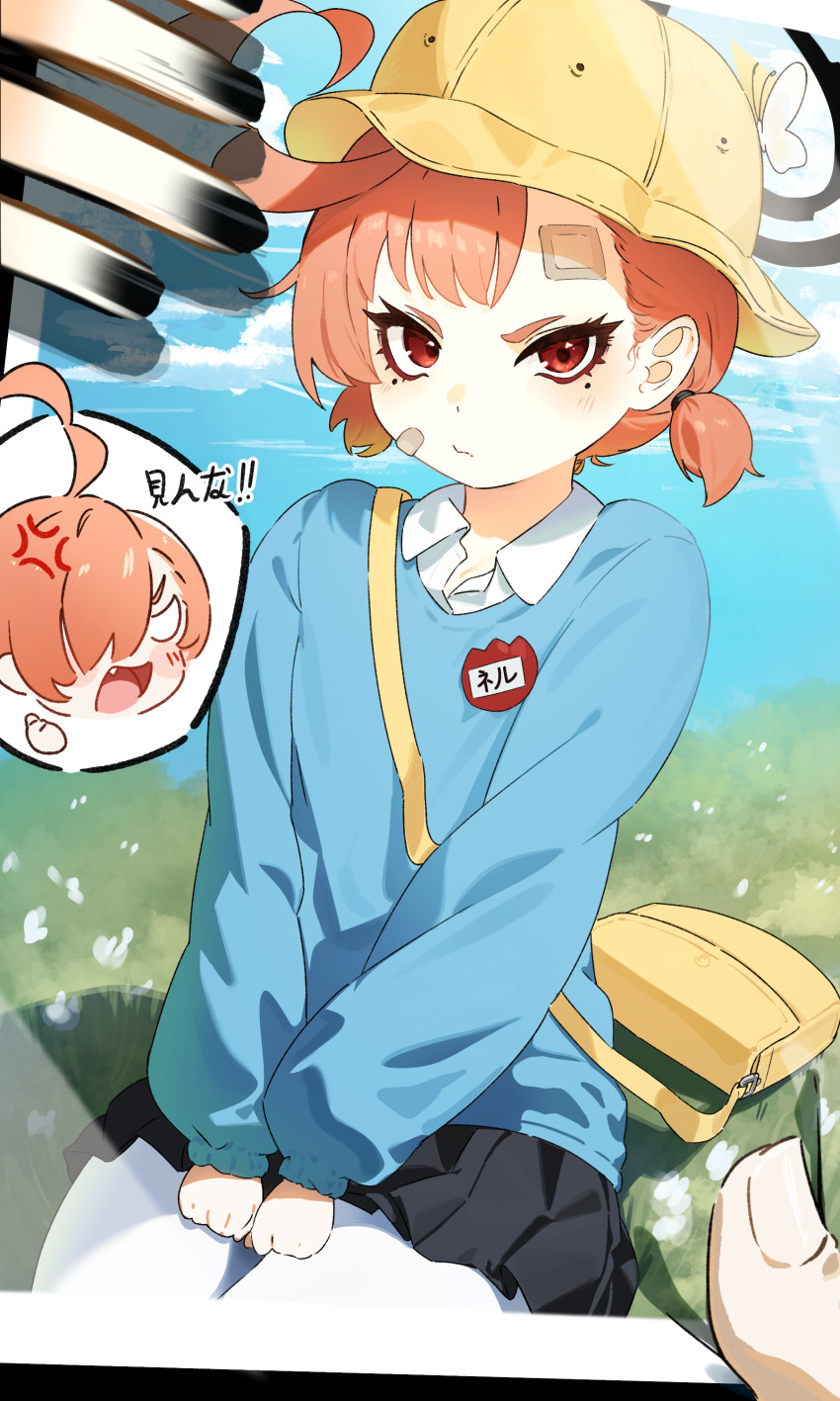 1girl 1other absurdres aged_down ahoge anger_vein asymmetrical_bangs bag bandaid bandaid_on_cheek bandaid_on_face bandaid_on_forehead black_skirt blank_eyes blue_archive blue_shirt blush bug butterfly butterfly_on_head commentary_request fingernails halo hat highres insect kindergarten_bag kindergarten_uniform long_sleeves looking_at_viewer mole mole_under_each_eye mole_under_eye motion_blur multiple_moles nail_polish name_tag neru_(blue_archive) orange_hair pantyhose photo_(object) pov pov_hands pyytato red_eyes school_hat shirt short_twintails skirt smock spoken_expression translation_request twintails white_pantyhose