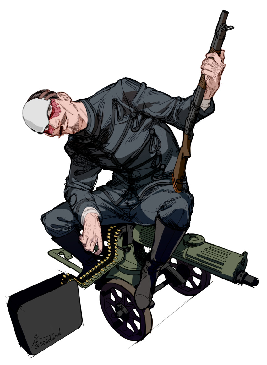 1boy ammunition ammunition_belt ammunition_box artist_name black_boots black_eyes black_hair boots bullet closed_mouth collar collared_jacket facial_hair full_body goatee golden_kamuy grey_jacket grey_pants gun headwear_request heavy_machine_gun highres holding holding_gun holding_weapon imperial_japanese_army jacket long_sleeves looking_at_viewer machine_gun male_focus maxim_gun military military_uniform mustache pants scar scar_on_face short_hair shotgun signature simple_background sitting smile solo tsurumi_tokushirou weapon white_background zifletts