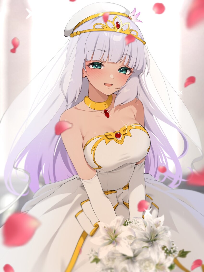 1girl bare_shoulders blush bouquet breasts bridal_veil campbell_xx commentary_request dress elbow_gloves falling_petals flower gloves green_dress gundam gundam_exa highres holding holding_bouquet long_hair looking_at_viewer medium_breasts open_mouth petals purple_eyes red_petals smile solo sthesia_awar strapless strapless_dress tiara veil wedding_dress white_dress white_flower white_gloves
