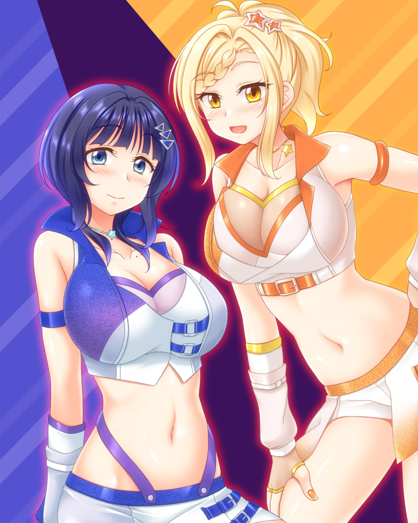 2girls asaka_karin blonde_hair blue_eyes blue_hair blush breasts cleavage diverdiva hair_ornament highres large_breasts looking_at_viewer love_live! love_live!_nijigasaki_high_school_idol_club miyashita_ai multiple_girls open_mouth short_hair shorts sleeveless smile star_(symbol) star_hair_ornament triangle_hair_ornament utomo yellow_eyes