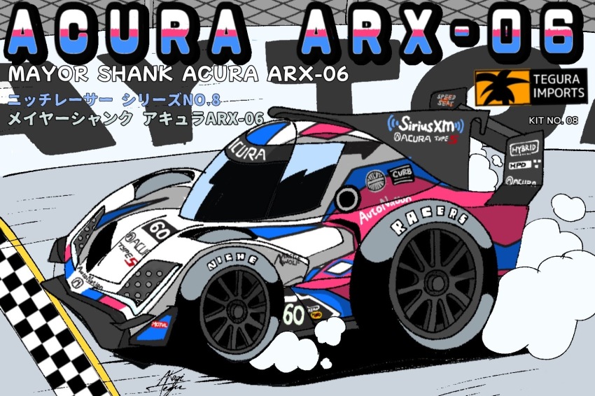 acura_arx-06 car chibi daytona_international_speedway highres imsa_sportscar_championship le_mans_prototype motor_vehicle motul_(company) no_humans race_vehicle racecar racetrack signature smoke spoiler_(automobile) tegran translation_request vehicle_focus vehicle_name