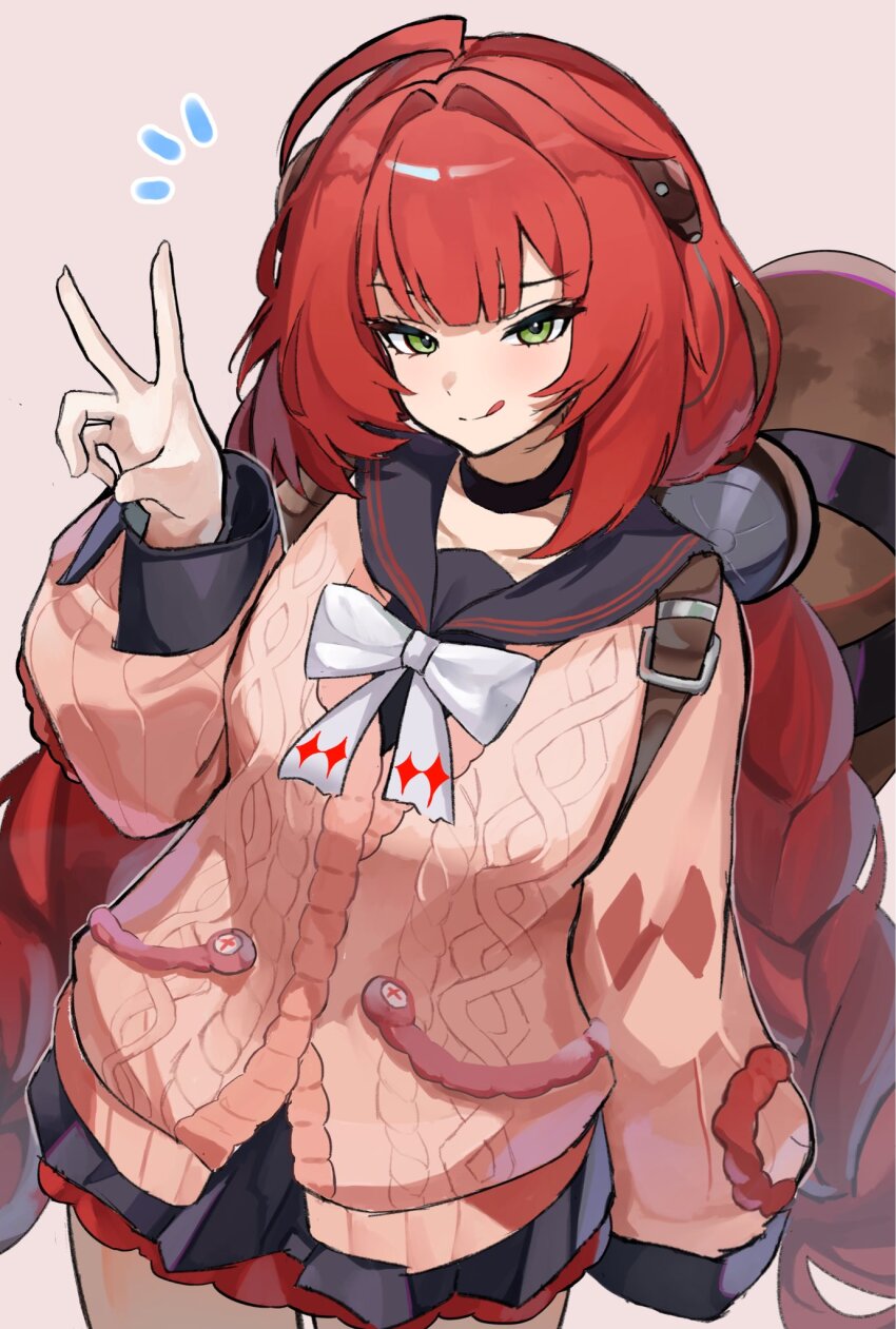 1girl 1other animal animal_on_back backpack bag black_sailor_collar braid braided_twintails cardigan chest_bow collarbone commentary_request green_eyes hair_ornament hearing_aid highres kamanosuke_(zenless_zone_zero) long_hair looking_at_viewer notice_lines otoufudayo111 pink_background pink_cardigan raccoon red_hair sailor_collar sphere_hair_ornament standing tanuki tongue tongue_out twintails ukinami_yuzuha v zenless_zone_zero