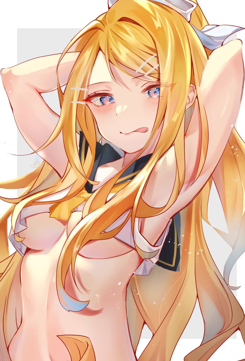 1girl :p arms_behind_head arms_up bare_arms black_sailor_collar blonde_hair blue_eyes border breasts crop_top kagamine_rin_(future_style) grey_background hair_ribbon highres inubangarou kagamine_rin linea_alba long_hair looking_at_viewer medium_breasts navel outside_border ponytail project_diva_(series) ribbon sailor_collar solo tongue tongue_out tsurime underboob upper_body very_long_hair vocaloid white_border white_ribbon
