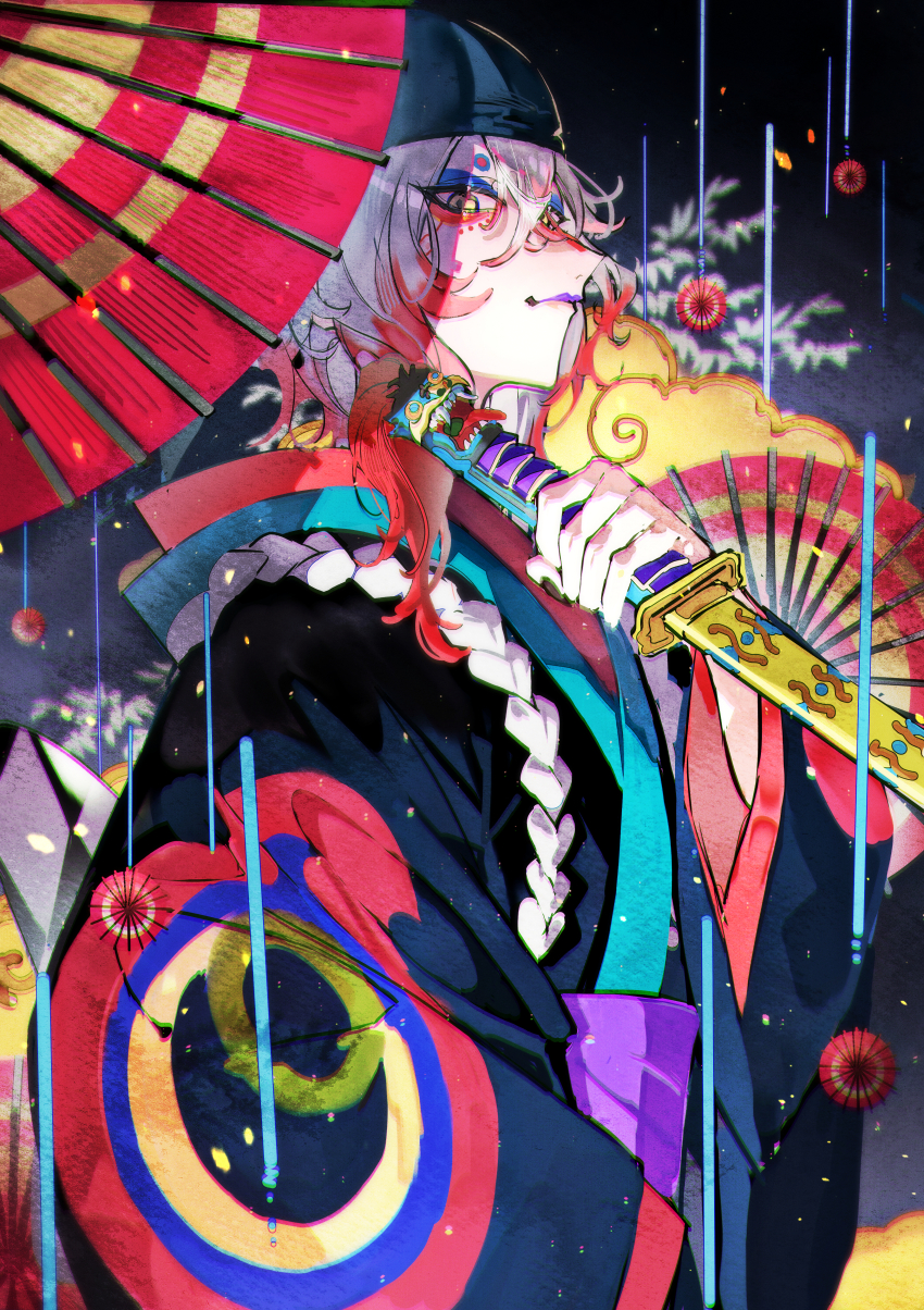 1boy absurdres back_bow bandana black_background black_bandana bow closed_mouth commentary_request cowboy_shot from_side gekijouban_mononoke hair_between_eyes hand_fan highres holding holding_sword holding_weapon japanese_clothes kimono kusuriuri_(gekijouban_mononoke) layered_clothes long_sleeves looking_at_viewer looking_to_the_side makeup male_focus mononoke mura_karuki obi ornate_weapon paper_fan patterned_clothing profile purple_lips rain red_fan red_umbrella rope sash sideways_glance solo sword sword_of_exorcism umbrella weapon white_hair wide_sleeves xiangyun yellow_clouds yellow_eyes