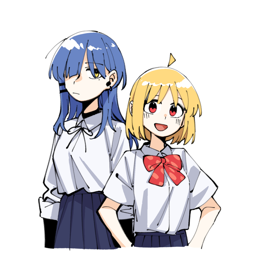 2girls ahoge alternate_hair_length alternate_hairstyle black_skirt blonde_hair bocchi_the_rock! closed_mouth collared_shirt highres ijichi_nijika long_hair long_sleeves mole mole_under_eye multiple_girls neonfloyd open_mouth pleated_skirt red_eyes shirt short_hair short_sleeves simple_background skirt smile white_background white_shirt yamada_ryo yellow_eyes