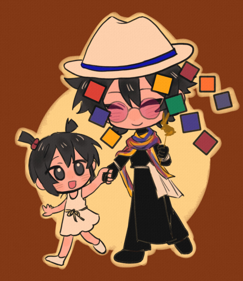 1boy 1girl black_eyes black_gloves black_hair black_pants black_shirt black_shoes chinese_commentary closed_eyes closed_mouth commentary_request deformed dress gloves hair_bobbles hair_ornament hat highres holding_hands huai_huizhi huai_yunqing long_sleeves multicolored_scarf no_sclera open_mouth pants pink-tinted_eyewear round_eyewear scarf shirt shoes short_hair short_twintails sleeveless sleeveless_dress smile tinted_eyewear touqi_guaitan twintails walking white_dress white_hat white_shoes wuyueying