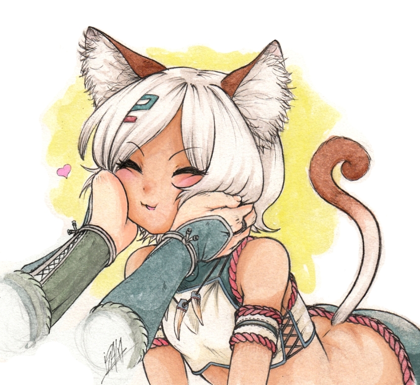 1girl animal_ears armband cat_ears cat_tail chou_megami_shinkou_noire_gekishin_black_heart crop_top dark_skin closed_eyes hair_ornament hairclip hands_on_another&#039;s_face heart isaki_tanaka jewelry moruu necklace neptune_(series) signature smile solo_focus tail traditional_media white_hair