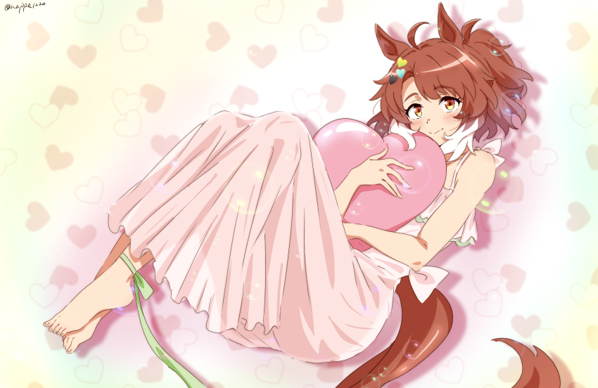 1girl ahoge animal_ears ankle_ribbon bare_shoulders barefoot blush brown_eyes brown_hair commentary_request dantsu_flame_(umamusume) dress full_body green_ribbon hair_ornament heart heart-shaped_pillow heart_background heart_hair_ornament highres horse_ears horse_girl horse_tail leg_ribbon medium_hair multicolored_hair nk-43g pillow pink_dress ribbon smile solo spaghetti_strap tail twitter_username two-tone_hair umamusume white_hair