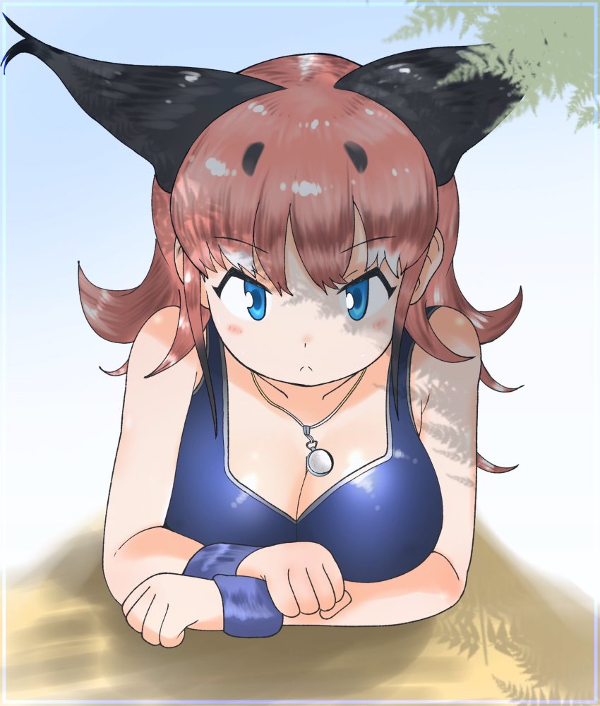 animal_ears blue_eyes blue_one-piece_swimsuit caracal_(kemono_friends) cat_girl cats_yone closed_mouth highres kemono_friends long_hair one-piece_swimsuit solo swimsuit tail