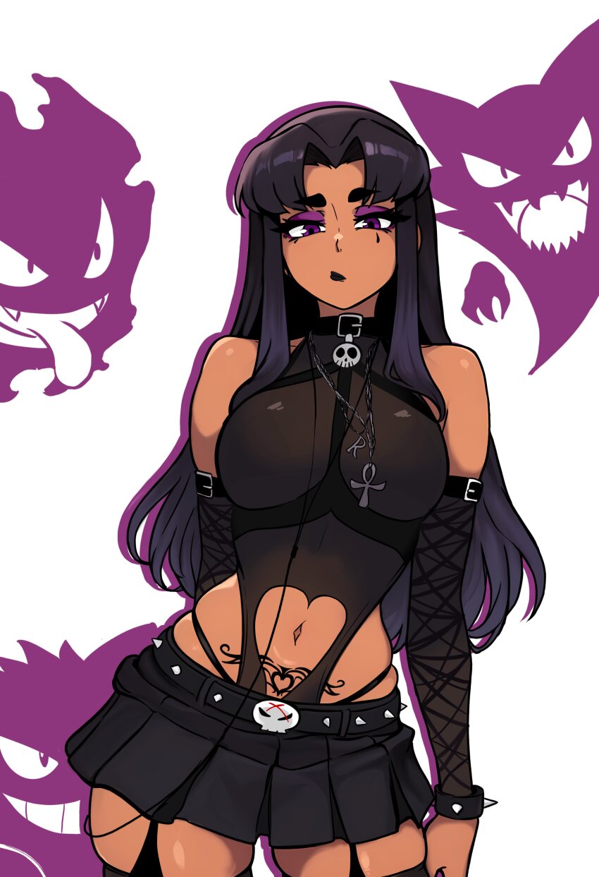 absurdres alternate_costume bare_shoulders belt belt_collar black_gloves black_lips black_skirt black_thighhighs blackfire breasts choker collar crossover dark-skinned_female dark_skin dc_comics detached_sleeves facial_tattoo garter_straps gastly gen_1_pokemon gengar gloves goth_fashion haunter highres jewelry lipstick long_hair looking_at_viewer makeup miniskirt navel necklace nintendo pokemon pubic_tattoo purple_eyes redpostit simple_background skirt tattoo teen_titans thighhighs thighs white_background zettai_ryouiki