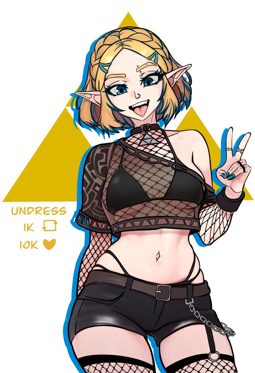 1girl absurdres alternate_costume arm_behind_back belt black_bra black_panties black_shorts blonde_hair blue_eyes bra breasts chain collar contrapposto cowboy_shot elbow_gloves eyebrow_piercing face_piercing fangs fishnet_thighhighs fishnet_top fishnets gloves hair_tie highleg highleg_panties highres jewelry large_breasts looking_at_viewer midriff multiple_rings nail_art navel nintendo nose_piercing o-ring_legwear_garter open_mouth panties piercing pointy_ears princess_zelda redpostit ring short_hair short_shorts shorts solo the_legend_of_zelda the_legend_of_zelda:_breath_of_the_wild thighhighs tongue tongue_out tongue_piercing triforce underboob underwear v