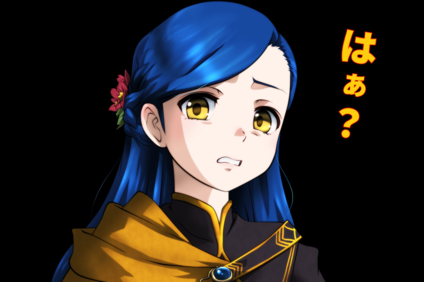 1girl black_background blue_hair brooch cape flower genya_(genya67) gold_trim hair_flower hair_ornament highres honzuki_no_gekokujou jewelry looking_at_viewer myne_(honzuki_no_gekokujou) robe simple_background solo upper_body yellow_cape yellow_eyes