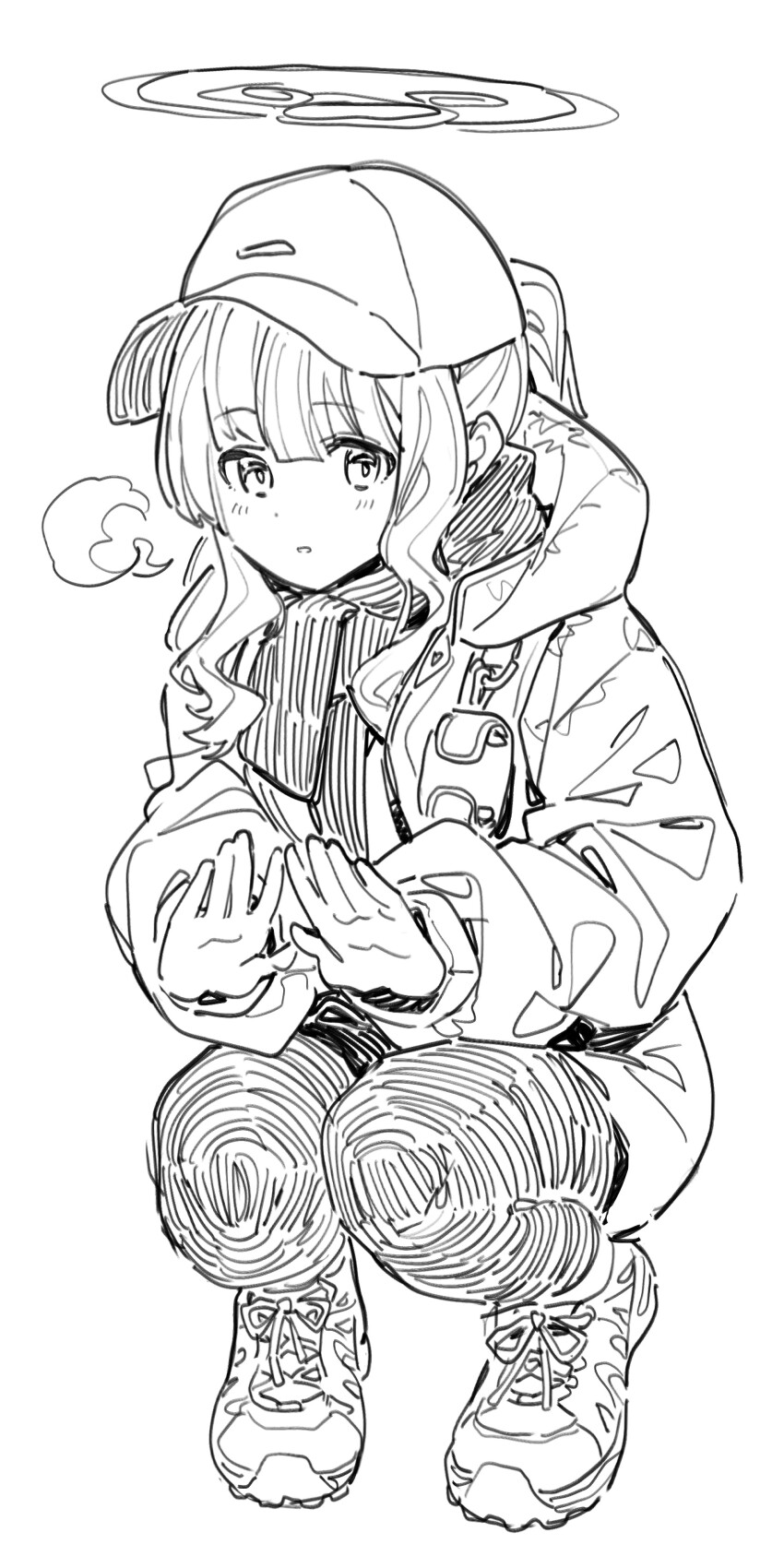 1girl absurdres blue_archive commentary_request ddal full_body halo hare_(blue_archive) hare_(camp)_(blue_archive) hat highres hood hood_down hooded_coat looking_at_viewer own_hands_together parted_lips peaked_cap scarf shoes simple_background sketch sneakers solo squatting white_background