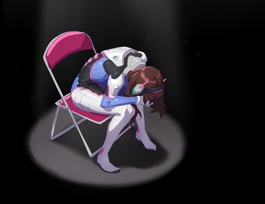 1girl armor blue_bodysuit bodysuit boots bracer brown_hair chair covering_face d.va_(overwatch) despair facepaint facepalm facial_mark female_focus folding_chair gloves hands_on_own_face hands_up headphones knee_pads long_hair long_sleeves meadow_(meadowlurking) mecha_pilot_suit meme neon_genesis_evangelion overwatch overwatch_1 parody pauldrons ribbed_bodysuit shinji_in_a_chair_(meme) shoulder_armor shoulder_pads sitting skin_tight solo spotlight spread_legs thigh_boots thighhighs turtleneck white_boots white_gloves
