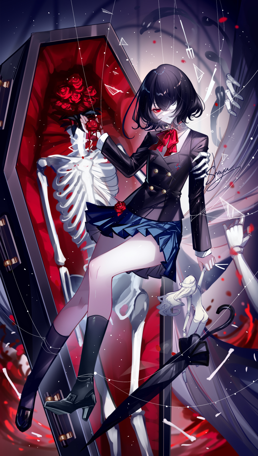 1girl absurdres another artist_name bare_legs black_hair black_jacket black_shoes black_socks black_umbrella blue_skirt closed_umbrella coffin eyepatch flower high_heels highres jacket long_sleeves medical_eyepatch miniskirt misaki_mei pleated_skirt red_eyes red_flower red_rose rose sheya shoes short_hair signature skeleton skirt socks solo thighs umbrella