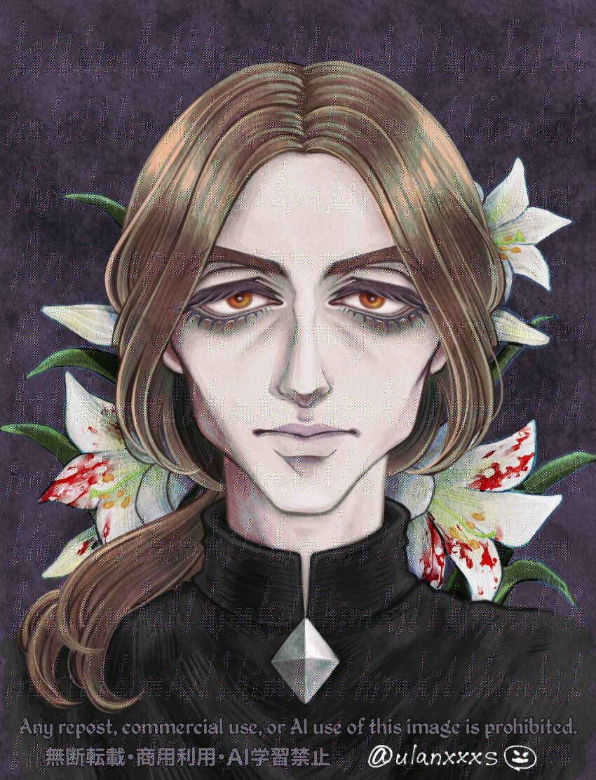 1boy artist_name black_jacket blonde_hair blood_on_flower brown_eyes english_text flower highres jacket looking_at_viewer male_focus mathieu_bellamont portrait solo the_elder_scrolls the_elder_scrolls_iv:_oblivion ulanxxxs watermark white_flower