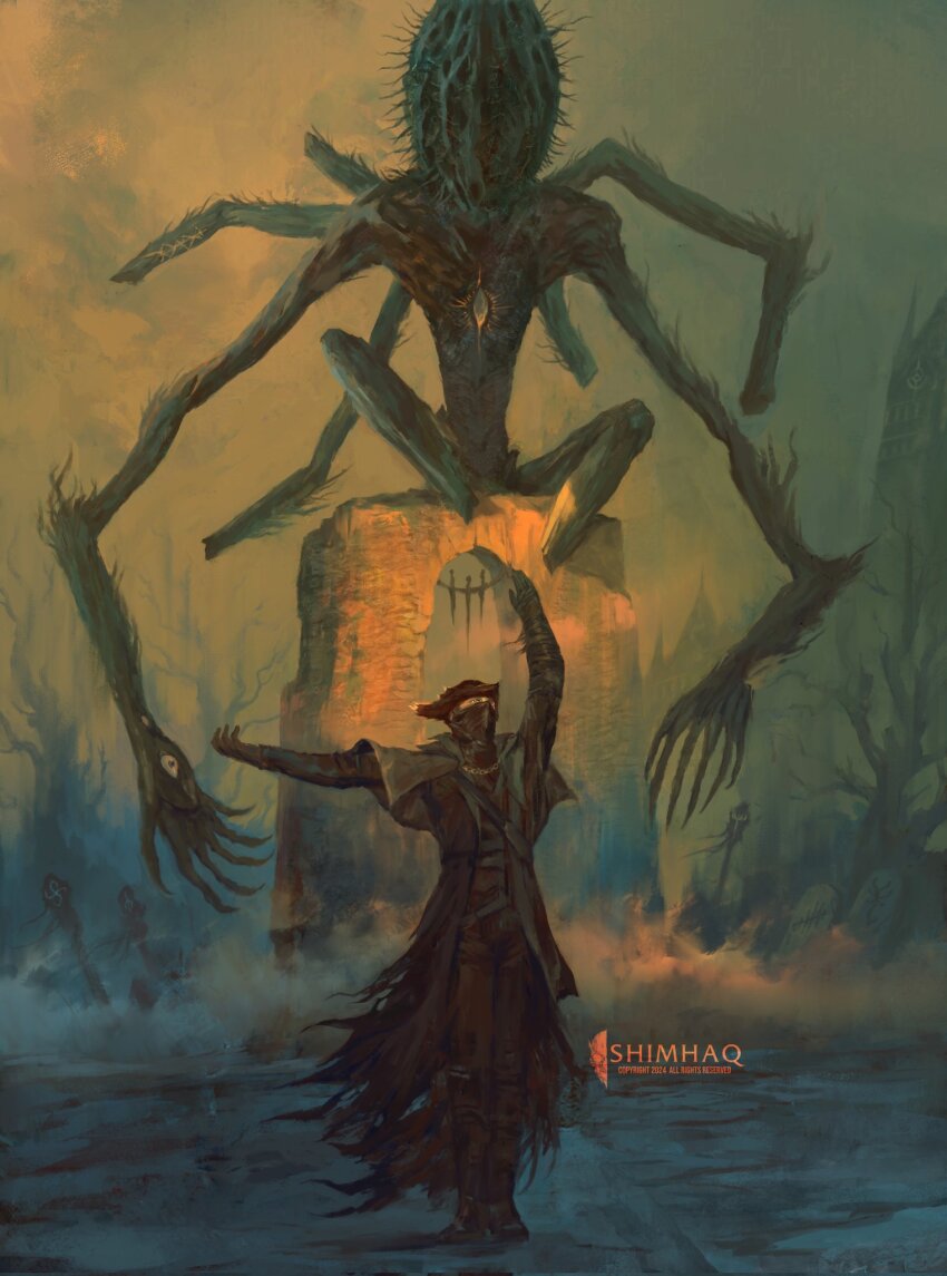 1boy 1other amygdala_(bloodborne) bandana bandana_over_mouth black_bandana black_boots black_cloak black_coat black_gloves black_hat black_pants black_shirt bloodborne boots cloak coat creature eldritch_abomination entrance extra_arms extra_eyes fog giant giant_monster gloves gradient_sky graveyard green_sky hat highres hunter_(bloodborne) long_fingers looking_at_another looking_up make_contact_(gesture) monster outstretched_arms pants shimhaq shirt sitting_on_wall sky stone_wall tombstone tree yellow_eyes yellow_sky