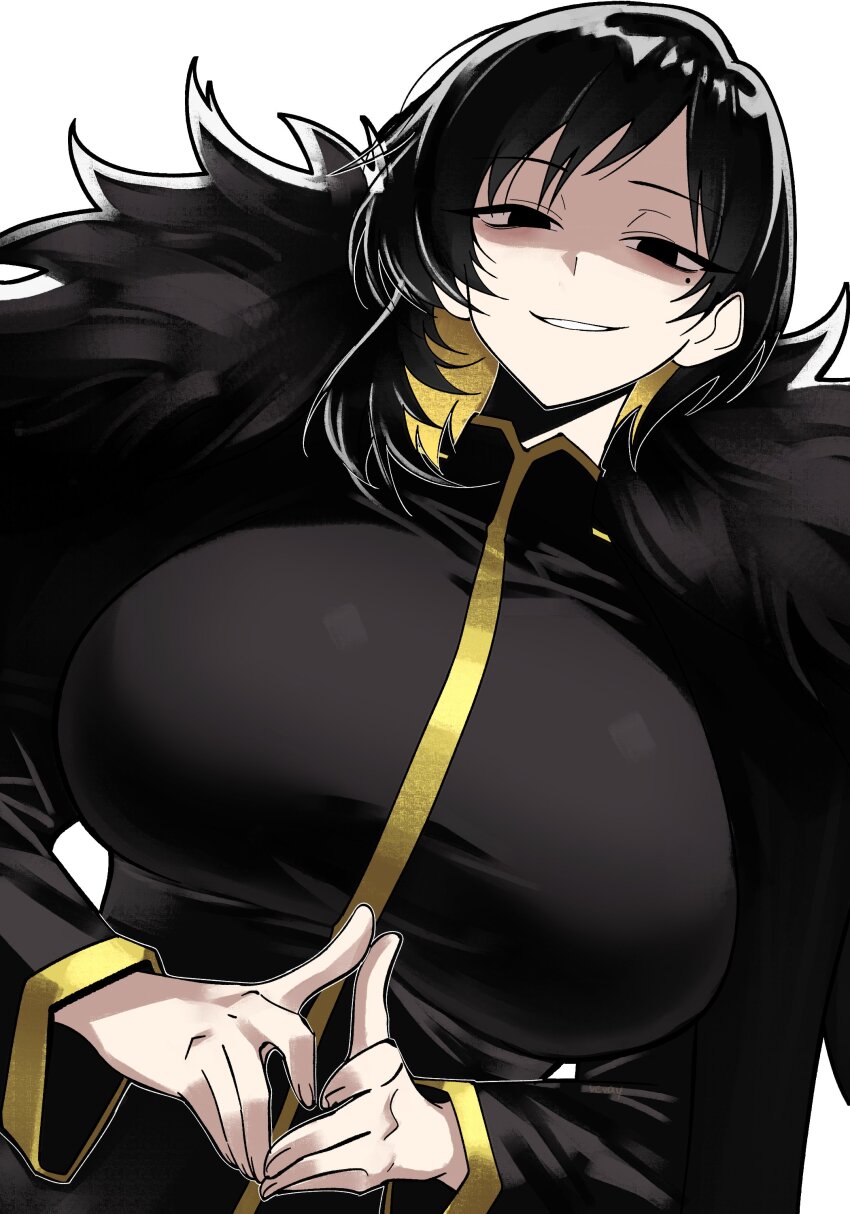 1girl absurdres binah_(project_moon) black_dress black_eyes black_hair blonde_hair coat colored_inner_hair dress highres lobotomy_corporation long_sleeves looking_at_viewer mole mole_under_eye multicolored_hair own_hands_together project_moon short_hair simple_background smile smug solo vvernerluniq white_background