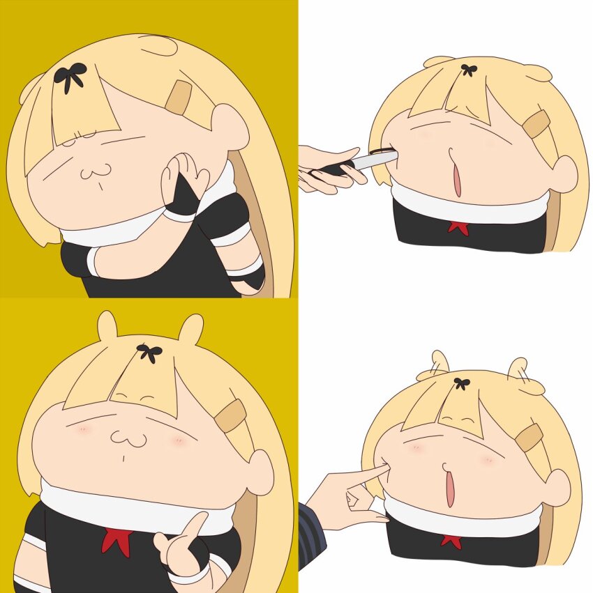 1girl :3 black_gloves black_shirt blunt_bangs cheek_poking chibi closed_eyes drakeposting_(meme) gloves hair_flaps hair_ornament hair_ribbon hairclip highres kantai_collection kloah marker meme multiple_views neckerchief poking red_neckerchief ribbon scarf shirt upper_body white_scarf yuudachi_(kancolle) yuudachi_kai_ni_(kancolle)