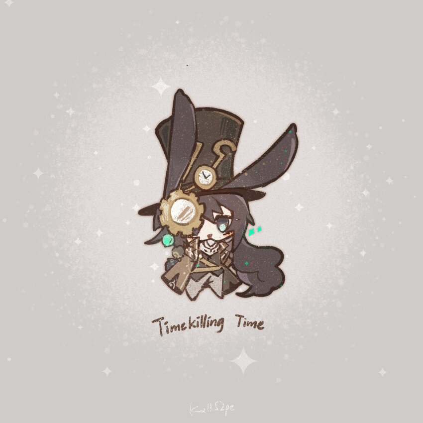 1boy absurdres animal_ears black_eyes black_hair brown_coat brown_hair chibi coat full_body grey_background highres hong_lu_(project_moon) kalliope_orc limbus_company long_hair looking_at_viewer monocle open_mouth pants project_moon rabbit_ears rabbit_tail scarf simple_background smile solo tail very_long_hair white_pants white_scarf