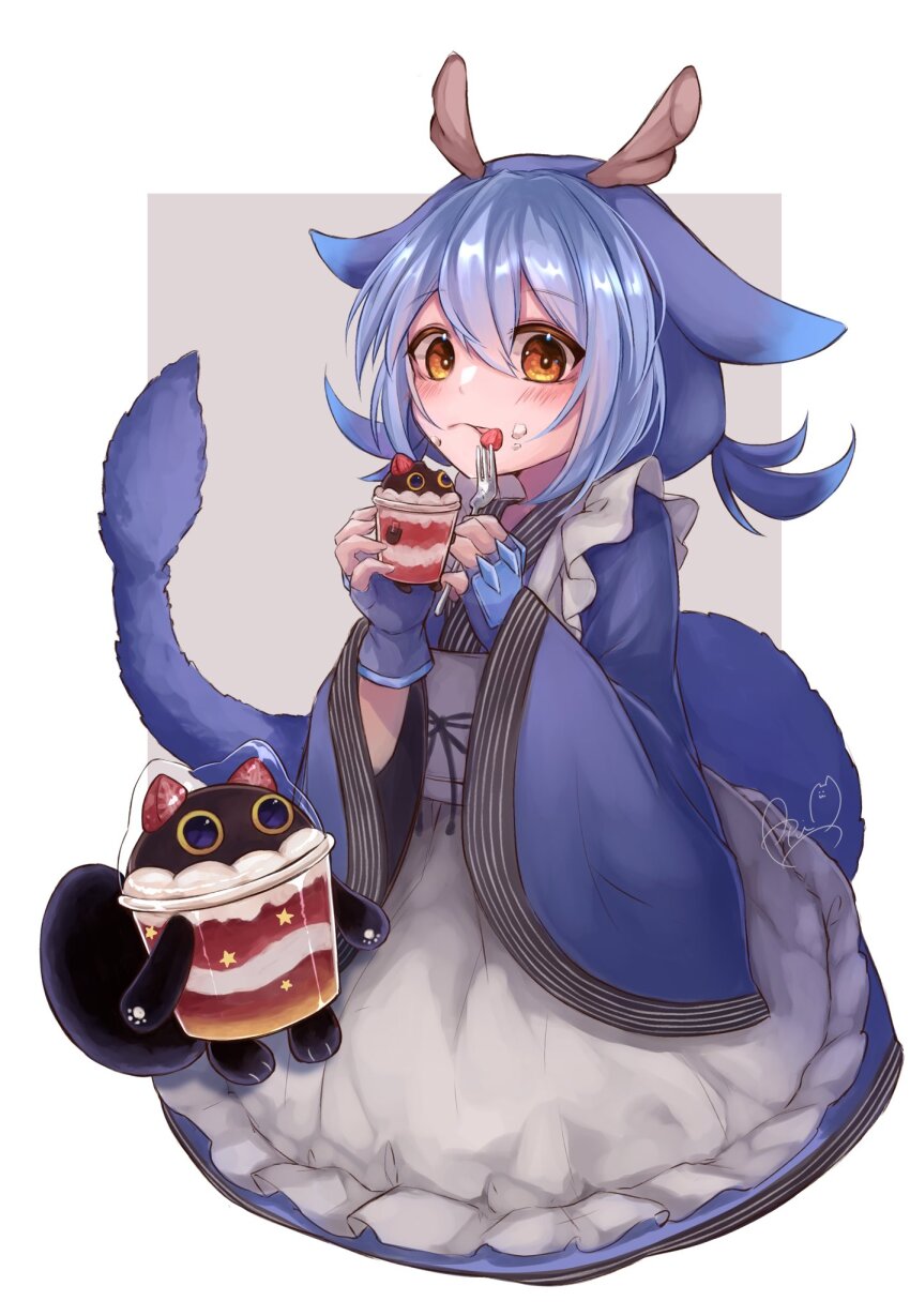 1girl apron ari_(xxrmsn_008) blue_dress blue_hair brown_hair cowboy_shot cupsie_yummy dragon_girl dragon_horns dragon_tail dress duel_monster food fork fruit highres holding holding_fork horns laundry_dragonmaid simple_background strawberry tail white_apron white_background yu-gi-oh!