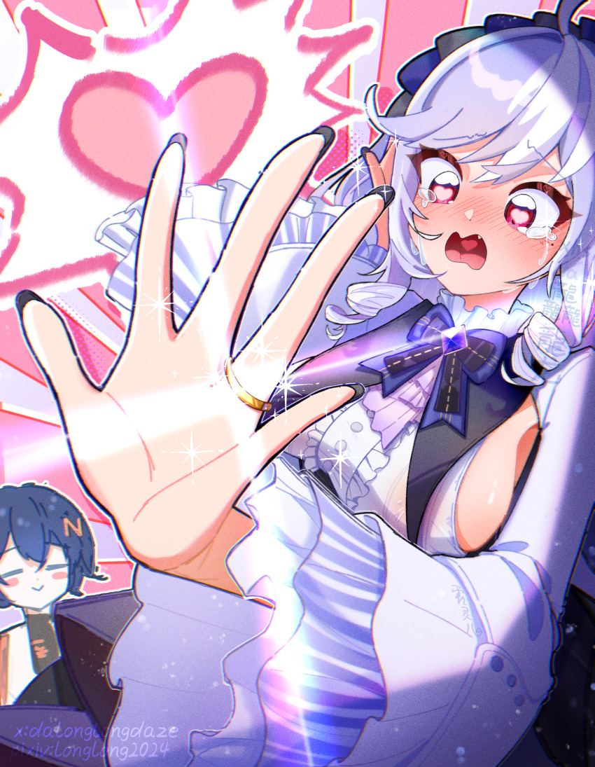 2girls ^_^ absurdres ascot belle_(zenless_zone_zero) black_nails blue_hair bow bowtie center_frills closed_eyes crying crying_with_eyes_open drill_hair frills gem hair_ornament hairband heart heart_in_eye heart_in_mouth highres jewelry letter_hair_ornament longlong2024 mole mole_under_eye multiple_girls pointy_ears purple_ascot purple_bow purple_bowtie purple_gemstone purple_hair purple_hairband ring short_hair shrug_(clothing) sideboob_cutout smile symbol_in_eye tears upper_body vivian_banshee wavy_mouth white_shrug yuri zenless_zone_zero
