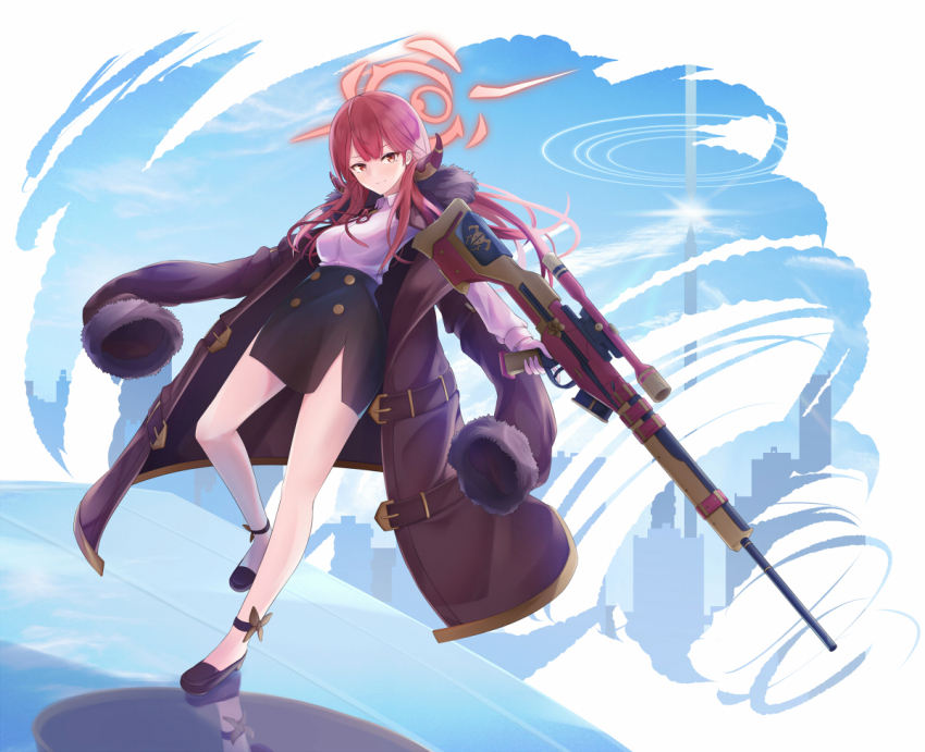 1girl aru_(blue_archive) black_skirt blue_archive breasts closed_mouth coat coat_on_shoulders collared_shirt demon_horns full_body fur-trimmed_coat fur_trim gun halo high_heels holding holding_gun holding_weapon horns long_hair long_sleeves looking_at_viewer pencil_skirt pink_hair red_hair rifle scope shirt skirt smile sniper_rifle solo tooto_(ryuto333) weapon white_shirt yellow_eyes