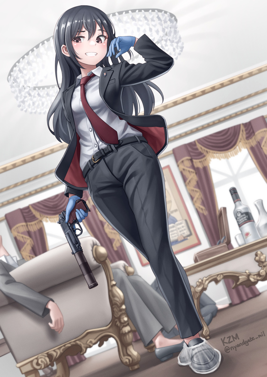 1girl 2boys absurdres alcohol black_hair black_jacket black_pants blue_gloves brown_eyes chandelier death formal_clothes gloves gun handgun highres jacket kzm_(sub-moa_works) multiple_boys necktie original pants pb_pistol red_necktie rubber_gloves shirt smile vodka weapon white_shirt
