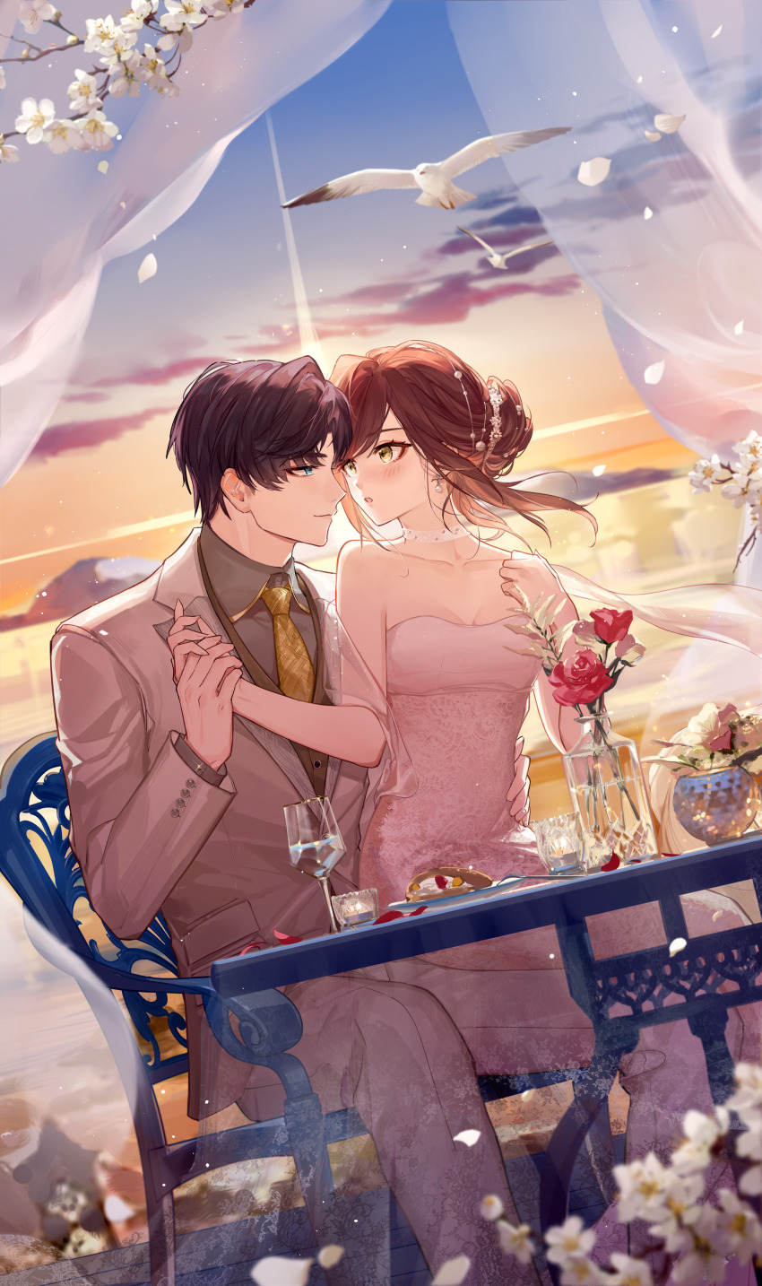 1boy 1girl absurdres alcohol artem_wing_(tears_of_themis) bare_shoulders bird blue_eyes brown_hair chair closed_mouth cloud cloudy_sky cup dress drinking_glass flower food formal_clothes green_eyes hair_bun hetero highres holding_hands jacket long_hair long_sleeves looking_at_another necktie open_mouth outdoors pants petals pink_dress pink_flower purple_hair qinnye red_flower red_rose rosa_(tears_of_themis) rose shirt short_hair single_hair_bun sitting sky smile strapless strapless_dress suit sunset table tears_of_themis wedding_dress white_jacket wine wine_glass yellow_eyes yellow_necktie